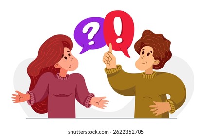 Young man has a good answer to a woman question and doubts, vector illustration of young people helping each other to solve some problem.