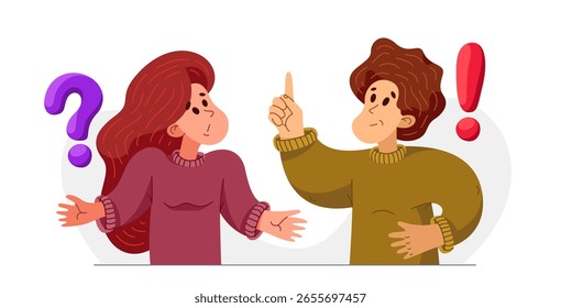 El hombre joven tiene una buena respuesta a una pregunta de la mujer y las dudas, la Ilustración vectorial de los jóvenes que se ayudan entre sí para solucionar algún problema.