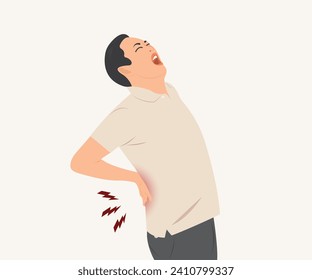 Young man has pain in his waist and back, health problems, muscles or bones. Vector illustration.