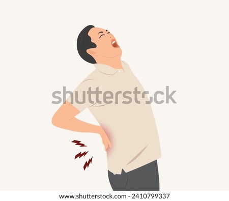 Young man has pain in his waist and back, health problems, muscles or bones. Vector illustration.