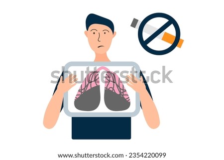 Young man has sick lungs from  smoking. Lungs health check results on the screen. Unhealthy habits. Vector illustration.