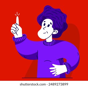 El joven tiene un pensamiento fuerte sobre la solución de algún problema, la Ilustración vectorial de la persona joven con signo de exclamación tiene algunos resultados de análisis y conclusión.