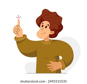 Young man has a strong thought about solving some problem, vector illustration of young person with exclamation mark having some analyzing results and conclusion.