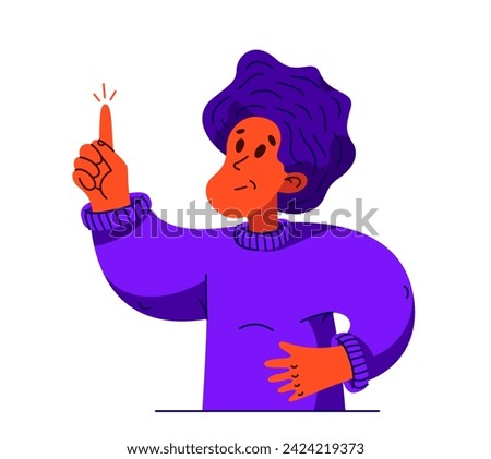 Young man has a strong thought about solving some problem, vector illustration of young person with exclamation mark having some analyzing results and conclusion.