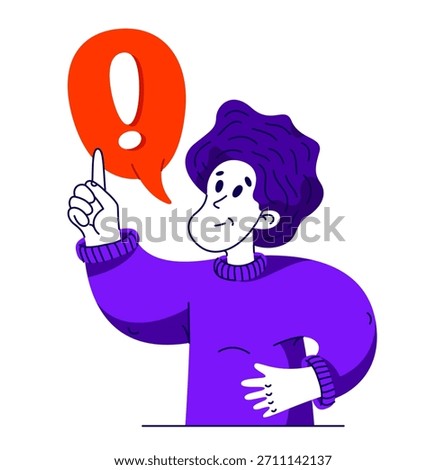 Young man has a strong thought about solving some problem, vector illustration of young person with exclamation mark having some analyzing results and conclusion.