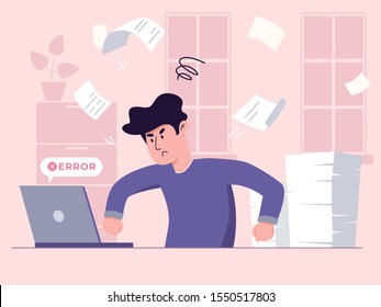 Young man has work stress because of critical error during important job task. Manager fighting with his laptop, his pile of papers is unchecked. Freelancer struggles to meet burning deadline concept.