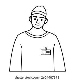 A young man in a hat, with a badge on his chest. A male doodle character. Vector black and white illustration isolated on a white background