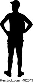 Young man in hat full body. Isolated on white background, Hand in pocket, Vector silhouette