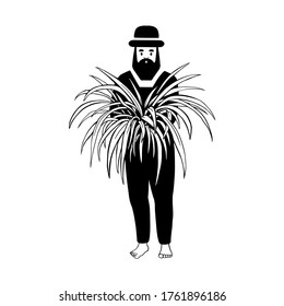 Young man in a hat holding a houseplant in his hands. Black and white graphic. Hand drawn postcard for houseplant store. Floristry and gardening.