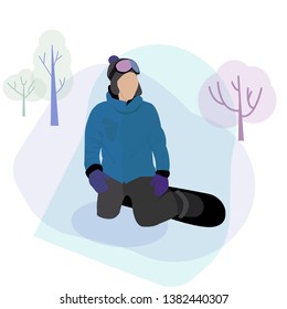 Young man with hat and mask snowboarding. Handsome male snowboarder, winter theme in blue colors. Vector illustration in simple flat style.