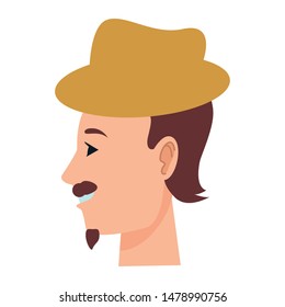Young man with hat and mustache face head profile cartoon ,vector illustration graphic design.