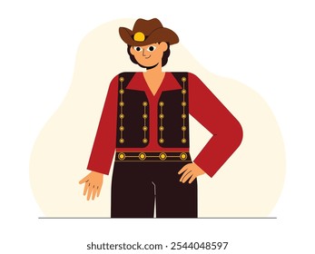 Hombre joven en sombrero, camisa roja de manga larga, chaleco negro decorado con Botones dorados, pantalones negros y cinturón marrón con decoración similar con pose de manos en la cintura, Ilustración vectorial gitana.