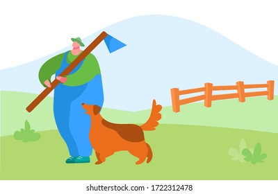 Young Man In Hat Stand With Long Stick On Shoulder With Dog Near His Leg. Shepherd Male Character, Villager, Farmer Walking Outdoors. Seasonal Countryside Farm Work, Relax. Cartoon Vector Illustration