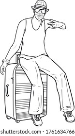 Young man in a hat and sunglasses sitting on a bag. Tourist on a vacation trip with his luggage. Vector isolated illustration. Black outline,  line art.