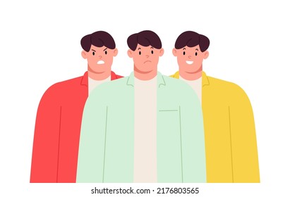 Young Man Have Different Emotions Suffer From Bipolar Disorder. Girl Feel Emotional Struggle With Mental Or Psychological Problems. Healthcare. Psychology And Counseling. Vector Illustration.
