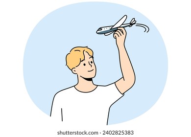 Young man have fun playing with airplane model. Smiling guy flying with plane miniature. Aviation and hobby. Vector illustration.