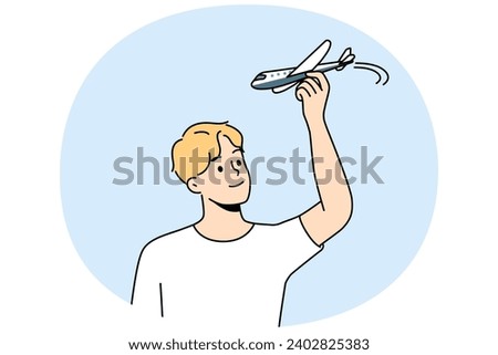 Young man have fun playing with airplane model. Smiling guy flying with plane miniature. Aviation and hobby. Vector illustration.