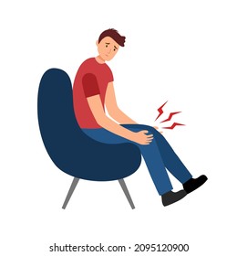 Young man have knee pain, leg pain in flat design on white background. Guy use hand touching on leg and massage to relax his muscle.