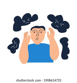 Young man have panic attack, anxiety. Vector illustration on white background. 