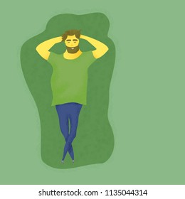 Young man have a rest on a glade. Vector illustration. 