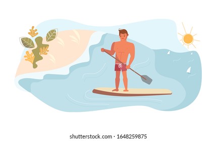 Young man have summer vacation on sea. Stand Up Paddle Surfing concept. Flat Art Vector Illustration