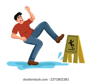 Young man having accident slipping on wet floor and falling down near yellow caution sign.