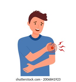 Young man having arm pain in flat design on white background. Physical injury. Muscle or bone problem.