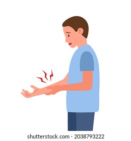 Young man having arm pain in flat design on white background. Physical injury. Muscle or bone problem.