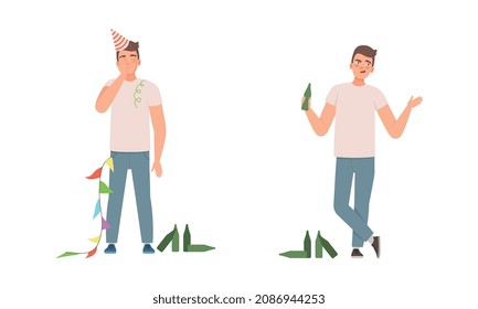 Young Man Having Bad Habits Drinking Alcohol with Empty Bottles Nearby Vector Set
