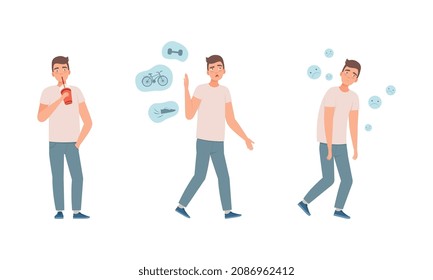 Young Man Having Bad Habits Drinking Soda and Feeling Sad Vector Set