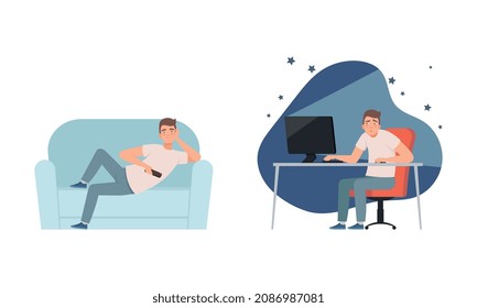 Young Man Having Bad Habits Watching Television and Sitting Late at Computer Vector Set