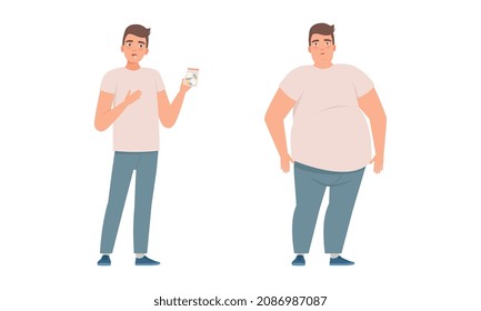 Young Man Having Bad Habits Holding Drug Pills and with Excess Weight Vector Set