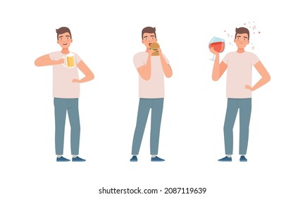 Young Man Having Bad Habits Drinking Alcohol and Eating Hamburger Vector Set