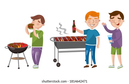 Young Man Having Barbeque Party Grilling Meat and Drinking Beer Vector Illustration Set