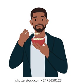 Young man having breakfast with cereal and milk. Flat vector illustration isolated on white background
