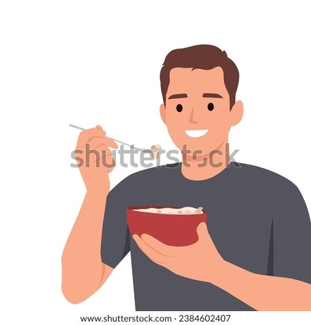 Young man having breakfast with cereal and milk. Young male sitting at table and eat with delicious dish. Flat vector illustration isolated on white background