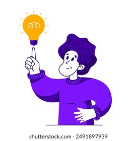 Young man having a bright idea, vector illustration of a person with light bulb, creative genius thinking and generating a perfect idea.