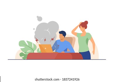 Young man having broken computer and woman shocked. Fume, defect. Flat vector illustration. Broken things concept can be used for presentations, banner, website design, landing web page
