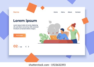 Young man having broken computer and woman shocked. Fume, defect. Flat vector illustration. Broken things concept can be used for presentations, banner, website design, landing web page