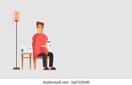 Young man having a cold, holding a cup with thermometer in his mouth vector design.virus corona 2020