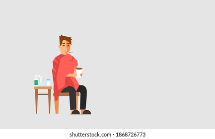 Young man having a cold, holding a cup with thermometer in his mouth vector design.virus corona 2020