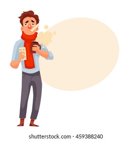 Young man having a cold, holding medicines and a cup, cartoon style vector illustration isolated on white background. A guy in red scarf with thermometer in his mouth, winter flu season