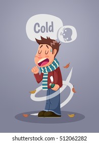 Joven resfriado, con medicinas, al estilo de las caricaturas. Ilustración vectorial.