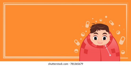 Young man having a cold, holding thermometer in mouth during winter flu season, cartoon style vector illustration on orange background