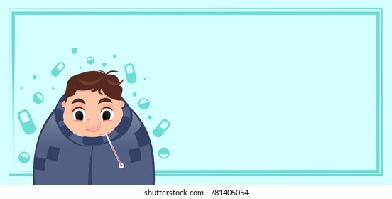 Young Man Having A Cold, Holding Thermometer In Mouth During Winter Flu Season, Cartoon Style Vector Illustration On Orange Background