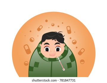 Young man having a cold, holding thermometer in mouth during winter flu season, cartoon style vector illustration on orange background