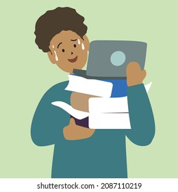 Young man having difficulty holding many books and laptop. Flat style vector illustration of people doing activity 