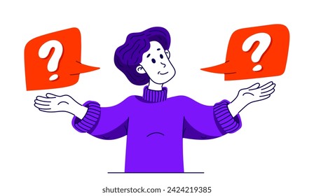 Young man having a doubt and question, vector illustration of a person who is hesitating and thinking about some problem, decide uncertainty.