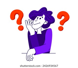 Young man having a doubt and question, vector illustration of a person who is hesitating and thinking about some problem, decide uncertainty.