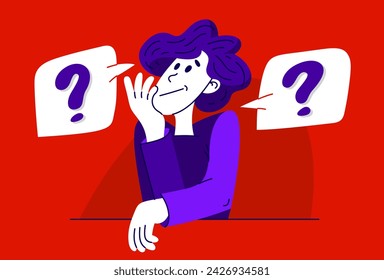 Young man having a doubt and question, vector illustration of a person who is hesitating and thinking about some problem, decide uncertainty.